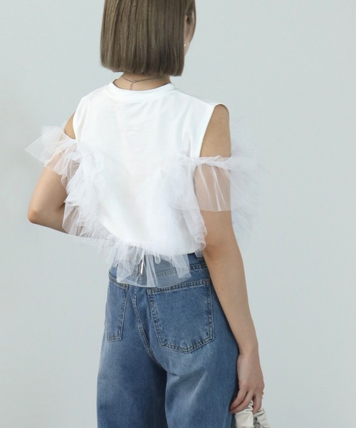 HEILIS(ヘイリス)の「3wayチュールデザインカットソー / チュールトップス ノースリーブ タンクトップ カットソー フリル オフィスカジュアル(Tシャツ/カットソー・レディース・オフホワイト/ブラック・FREE)」の22枚目の写真
