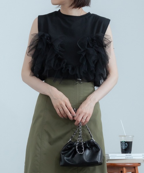 HEILIS(ヘイリス)の「3wayチュールデザインカットソー / チュールトップス ノースリーブ タンクトップ カットソー フリル オフィスカジュアル(Tシャツ/カットソー・レディース・オフホワイト/ブラック・FREE)」の16枚目の写真