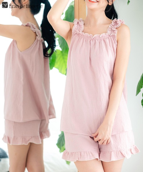 【セール】コットン100％のWガーゼ キュートなキャミソール＆ショートパンツセット 「ふわリラガーゼ タンクトップ上下セット」 カップ付きタンクトップ上下セット（ルームウェア/パジャマ）｜fran de lingerie（フランデランジェリー）