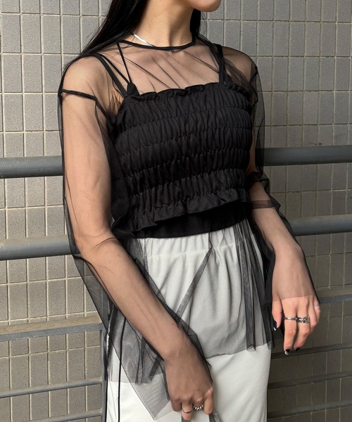 ISOOK(アイスー)の「【ISOOK / アイスー】ビスチェ付きシアーチュールトップス / セットアイテム 2点セット シアートップス ビスチェキャミ ZOZOTOWN限定(アンサンブル・レディース・ブラック/グレー・FREE)」の8枚目の写真