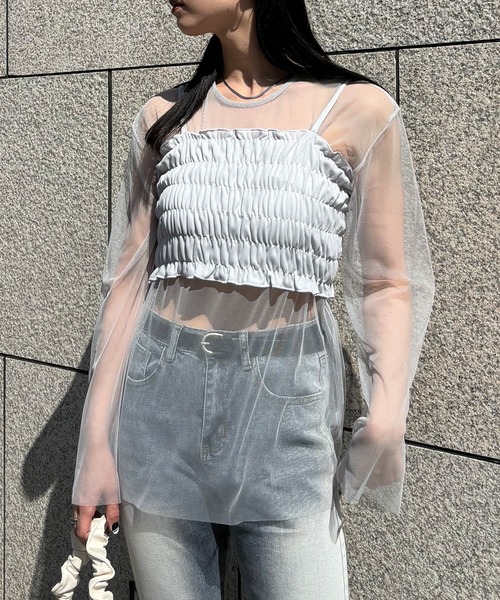 ISOOK(アイスー)の「【ISOOK / アイスー】ビスチェ付きシアーチュールトップス / セットアイテム 2点セット シアートップス ビスチェキャミ ZOZOTOWN限定(アンサンブル・レディース・ブラック/グレー・FREE)」の6枚目の写真