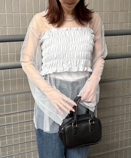 ISOOK(アイスー)の「【ISOOK / アイスー】ビスチェ付きシアーチュールトップス / セットアイテム 2点セット シアートップス ビスチェキャミ ZOZOTOWN限定(アンサンブル・レディース・ブラック/グレー・FREE)」の3枚目の写真