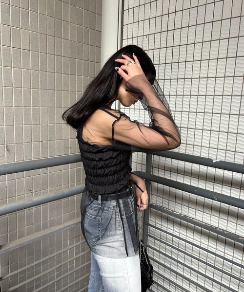 ISOOK(アイスー)の「【ISOOK / アイスー】ビスチェ付きシアーチュールトップス / セットアイテム 2点セット シアートップス ビスチェキャミ ZOZOTOWN限定(アンサンブル・レディース・ブラック/グレー・FREE)」の7枚目の写真