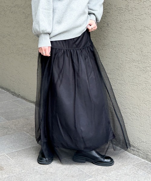 select MOCA（セレクトモカ）の「チュールティアードロングスカート（スカート・レディース・ブラック/ベージュ/ライトグレー・LARGE/MEDIUM）」の2枚目の写真