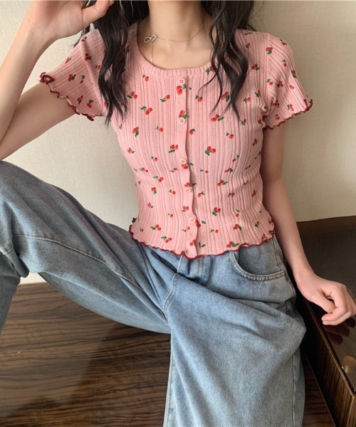 Achic(アシック)の「チェリークロップ半袖ニットトップス(ニット/セーター・レディース・ホワイト/ピンク/グレー・M)」の12枚目の写真