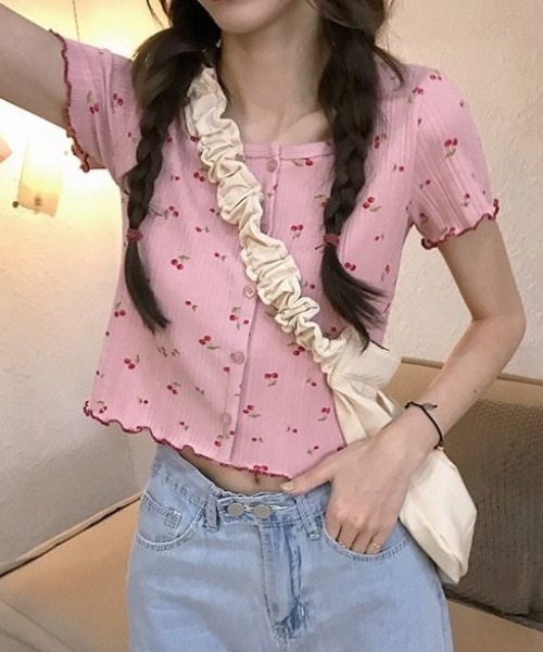 Achic(アシック)の「チェリークロップ半袖ニットトップス(ニット/セーター・レディース・ホワイト/ピンク/グレー・M)」の18枚目の写真