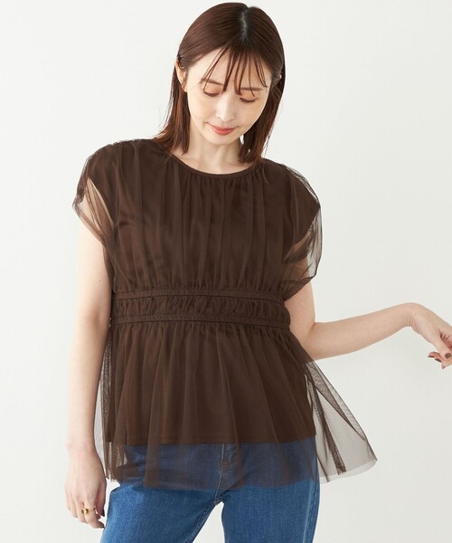 SHIPS Colors(シップス カラーズ)の「SHIPS Colors:〈手洗い可能〉チュール ペプラム トップス(シャツ/ブラウス・レディース・ブラウン/オフホワイト/ブラック・ONE SIZE)」の1枚目の写真