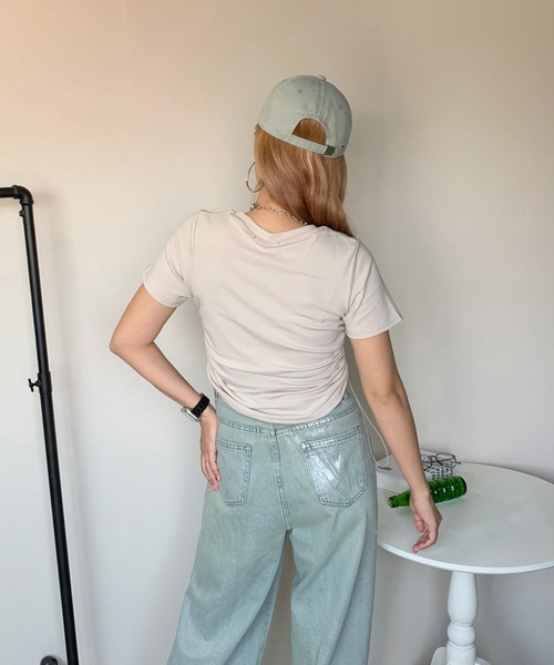 TELOPLAN ダークグレー クロップド丈 半袖シャツ セール】レースアップ クロップド丈半袖トップス（Tシャツ