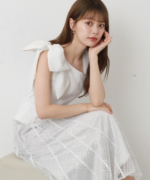 【セール】ワンショルリボンラメチュールドッキングワンピース（ワンピース）｜Cheek（チーク）