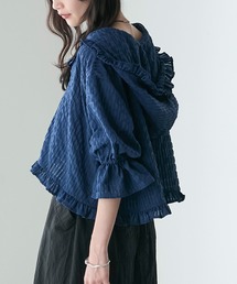 【forksy.】シアーフリルクロップド丈半袖フーディーブラウス
