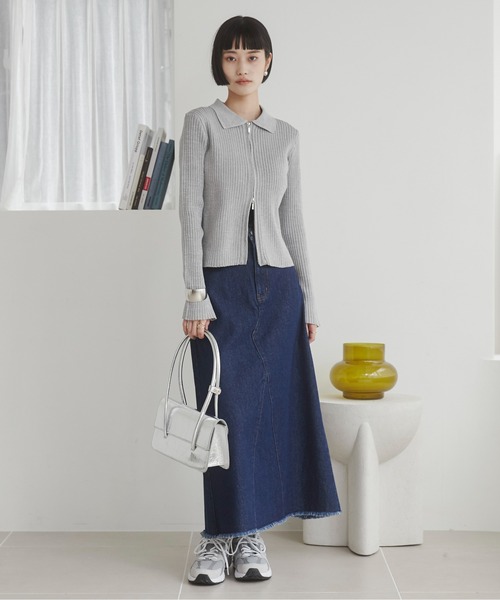 裾 フリンジ デニム ロング スカート（デニムスカート）｜ANGIE  