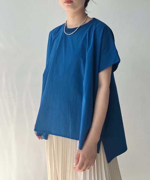 AS KNOW AS plus(アズノゥアズプラス)の「◎接触冷感 UVカット アシンメトリー フレンチスリーブタックプルオーバー(Tシャツ/カットソー・レディース・ブラック/サックスブルー/オレンジ/グレイッシュベージュ/ベージュ系/ブルー系/オレンジ系/ボルドー/ブルーグリーン・FREE)」の7枚目の写真