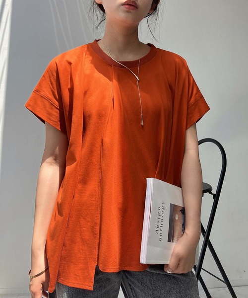 AS KNOW AS plus(アズノゥアズプラス)の「◎接触冷感 UVカット アシンメトリー フレンチスリーブタックプルオーバー(Tシャツ/カットソー・レディース・ブラック/サックスブルー/オレンジ/グレイッシュベージュ/ベージュ系/ブルー系/オレンジ系/ボルドー/ブルーグリーン・FREE)」の9枚目の写真