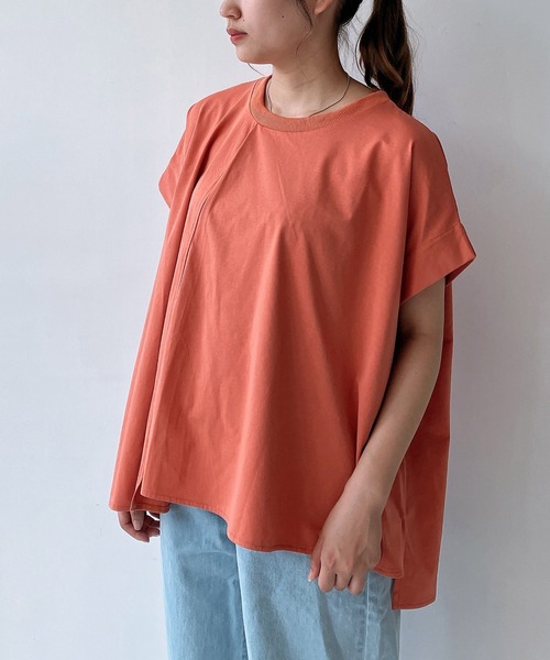 AS KNOW AS plus(アズノゥアズプラス)の「◎接触冷感 UVカット アシンメトリー フレンチスリーブタックプルオーバー(Tシャツ/カットソー・レディース・ブラック/サックスブルー/オレンジ/グレイッシュベージュ/ベージュ系/ブルー系/オレンジ系/ボルドー/ブルーグリーン・FREE)」の8枚目の写真