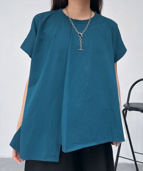 AS KNOW AS plus(アズノゥアズプラス)の「◎接触冷感 UVカット アシンメトリー フレンチスリーブタックプルオーバー(Tシャツ/カットソー・レディース・ブラック/サックスブルー/オレンジ/グレイッシュベージュ/ベージュ系/ブルー系/オレンジ系/ボルドー/ブルーグリーン・FREE)」の11枚目の写真