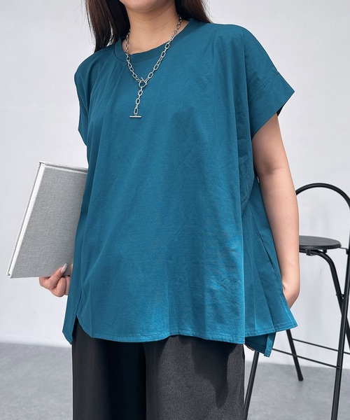 AS KNOW AS plus(アズノゥアズプラス)の「◎接触冷感 UVカット アシンメトリー フレンチスリーブタックプルオーバー(Tシャツ/カットソー・レディース・ブラック/サックスブルー/オレンジ/グレイッシュベージュ/ベージュ系/ブルー系/オレンジ系/ボルドー/ブルーグリーン・FREE)」の12枚目の写真