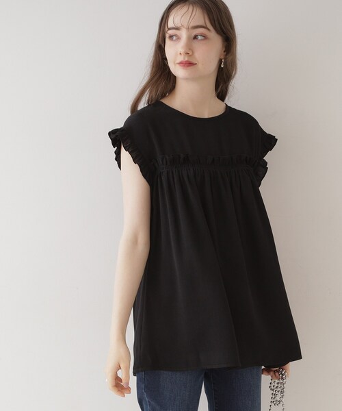 couture brooch(クチュールブローチ)の「◆【インしないでキマる長め丈】フリルデザインチュニック(チュニック・レディース・ブラック/ベージュ・42/38)」の6枚目の写真