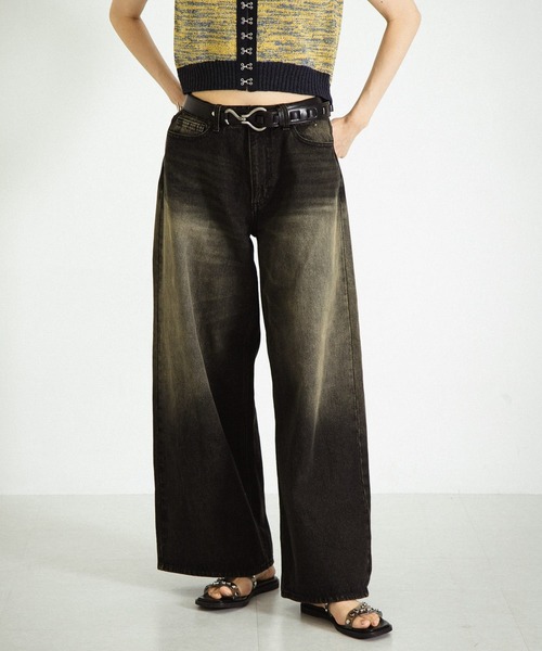 SENSE OF PLACE by URBAN RESEARCH(センスオブプレイスバイアーバンリサーチ)の「『ユニセックス』ヴィンテージライクデニムワイドパンツ(デニムパンツ・メンズ・ブラック/インディゴブルー・MEDIUM/LARGE)」の6枚目の写真