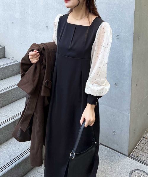 セール】【オケージョン】バックリボンシアードット切替ワンピース