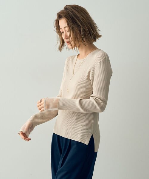 YECCA VECCA(イェッカヴェッカ)の「袖口シアーリブニット(ニット/セーター・レディース・ライトグレー/ダークグリーン/ブラック/ライトベージュ・FREE)」の8枚目の写真