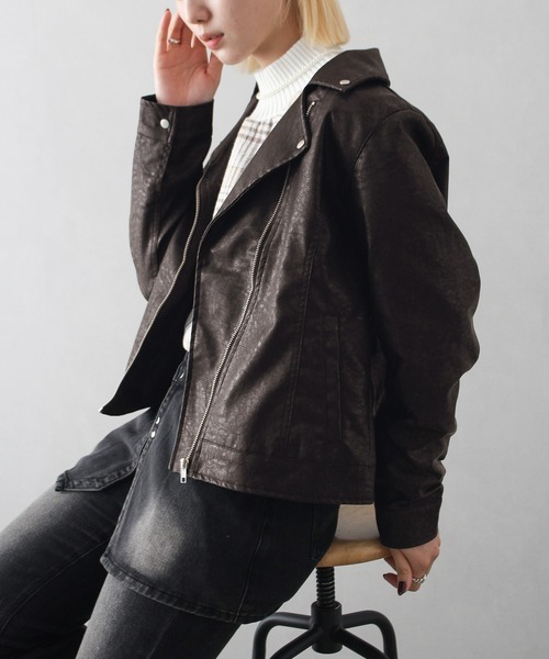 SpRay（スプレイ）の「フェイクレザーライダース（ライダースジャケット・レディース・ブラック×ブラック/ブラック/ブラウン・FREE）」の3枚目の写真
