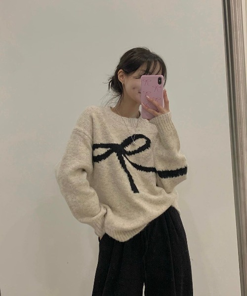 sheller リボン付きニットセーター rienda | ヘザーカラーリボンknit TOP (ニット ) |SHEL'TTER WEBSTORE