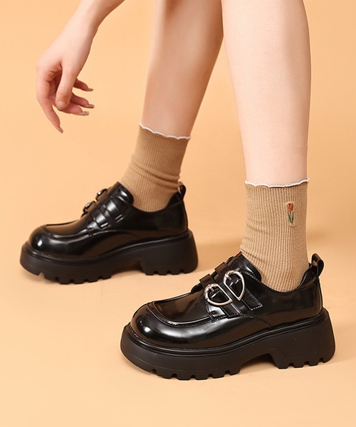 ブラックレザー ローファー厚底 Lace Ladies ローファー レザー調 厚底 クラシカル レースアップ
