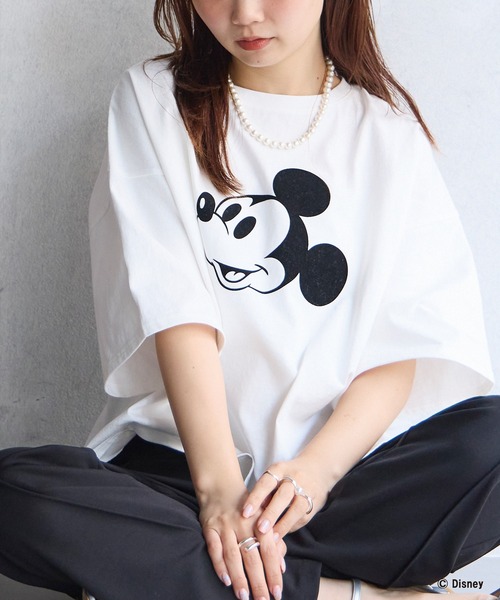LAVEANGE（ラビアンジェ）の「ミッキー/フロッキープリントTシャツ（Tシャツ/カットソー・レディース・スミクロ/オフホワイト・4L/3L/LL/M/5L）」の12枚目の写真