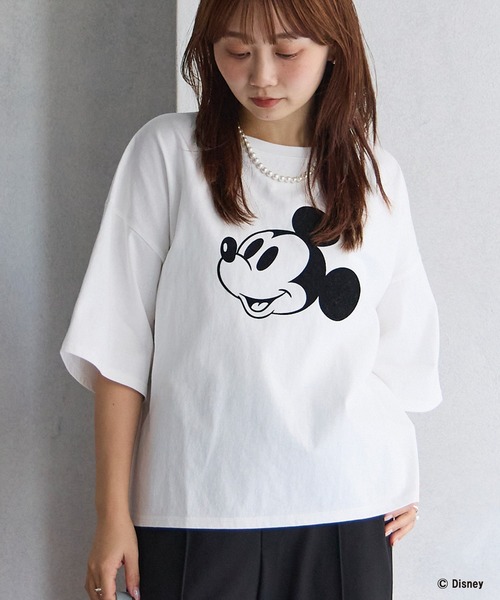 LAVEANGE（ラビアンジェ）の「ミッキー/フロッキープリントTシャツ（Tシャツ/カットソー・レディース・スミクロ/オフホワイト・4L/3L/LL/M/5L）」の13枚目の写真