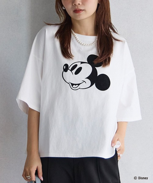 LAVEANGE（ラビアンジェ）の「ミッキー/フロッキープリントTシャツ（Tシャツ/カットソー・レディース・スミクロ/オフホワイト・4L/3L/LL/M/5L）」の15枚目の写真