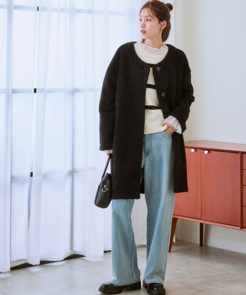 nissen（ニッセン）の「軽量ボアノーカラージャケットコート（ノーカラージャケット・レディース・チャコールグレー/アイボリー/カーキ/ブラック・3L/LL/L/M/S）」の7枚目の写真