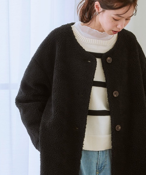 nissen（ニッセン）の「軽量ボアノーカラージャケットコート（ノーカラージャケット・レディース・チャコールグレー/アイボリー/カーキ/ブラック・3L/LL/L/M/S）」の8枚目の写真