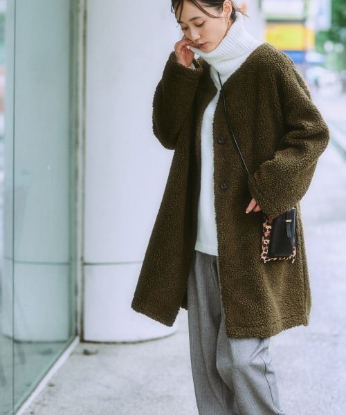 nissen（ニッセン）の「軽量ボアノーカラージャケットコート（ノーカラージャケット・レディース・チャコールグレー/アイボリー/カーキ/ブラック・3L/LL/L/M/S）」の11枚目の写真