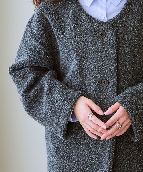 nissen（ニッセン）の「軽量ボアノーカラージャケットコート（ノーカラージャケット・レディース・チャコールグレー/アイボリー/カーキ/ブラック・3L/LL/L/M/S）」の15枚目の写真