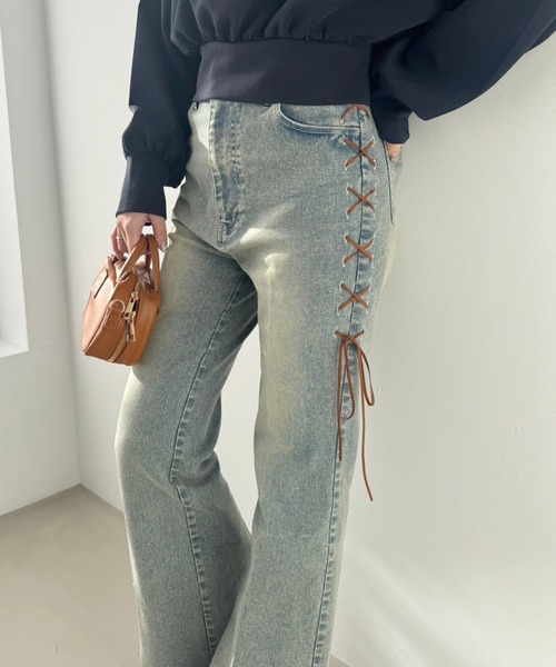 セール】サイドレースアップストレッチデニム（デニムパンツ）｜one