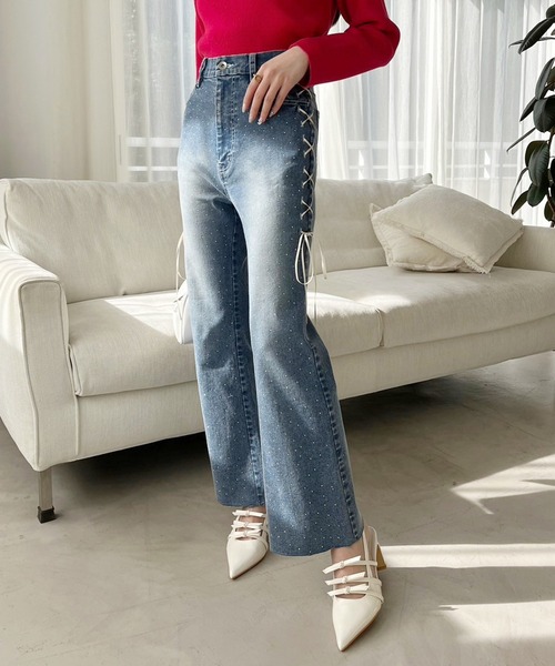 セール】サイドレースアップストレッチデニム（デニムパンツ）｜one