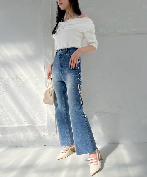 ◆FASHION NOVA◆デニム サイド レースアップ ワンピース★ セール】サイドレースアップストレッチデニム（デニムパンツ