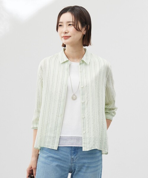 J.PRESS Ladies(J.プレス レディス)の「【洗える】ランダムストライプ シアー シャツカラー カットソー(Tシャツ/カットソー・レディース・ネイビー系1/ライトグリーン系1/ホワイト系1・SMALL)」の2枚目の写真