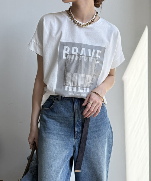 DouDou（ドゥドゥ）の「【WEB限定】裾ドロストオーガンジーロゴTEE（Tシャツ/カットソー・レディース・オフホワイト/チャコールグレー・FREE）」の8枚目の写真