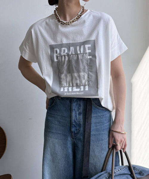 DouDou（ドゥドゥ）の「【WEB限定】裾ドロストオーガンジーロゴTEE（Tシャツ/カットソー・レディース・オフホワイト/チャコールグレー・FREE）」の9枚目の写真