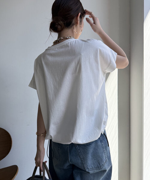 「DouDou」 半袖カットソー FREE ブルー レディース セール】タックスリーブロゴTEE（Tシャツ/カットソー）｜DouDou