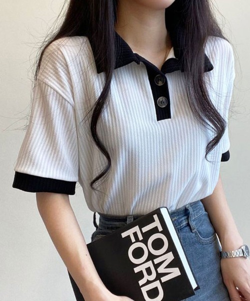 NANAHACHI（ナナハチ）の「ポロ配色リブトップス（Tシャツ/カットソー・レディース・ベージュ/ブラック/スカイブルー/アイボリー・FREE）」の2枚目の写真