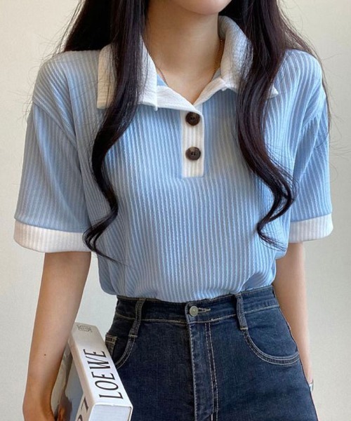 NANAHACHI（ナナハチ）の「ポロ配色リブトップス（Tシャツ/カットソー・レディース・ベージュ/ブラック/スカイブルー/アイボリー・FREE）」の4枚目の写真