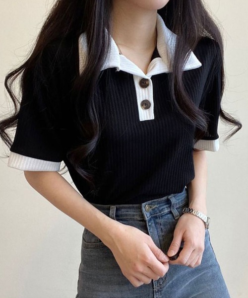 NANAHACHI（ナナハチ）の「ポロ配色リブトップス（Tシャツ/カットソー・レディース・ベージュ/ブラック/スカイブルー/アイボリー・FREE）」の3枚目の写真