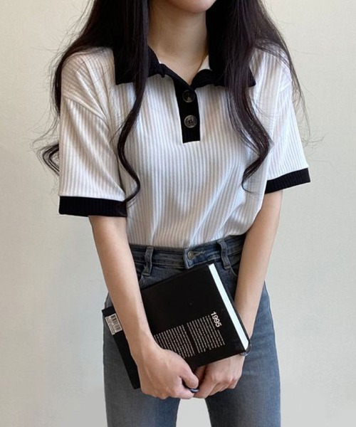 NANAHACHI（ナナハチ）の「ポロ配色リブトップス（Tシャツ/カットソー・レディース・ベージュ/ブラック/スカイブルー/アイボリー・FREE）」の5枚目の写真