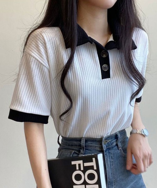 NANAHACHI（ナナハチ）の「ポロ配色リブトップス（Tシャツ/カットソー・レディース・ベージュ/ブラック/スカイブルー/アイボリー・FREE）」の6枚目の写真