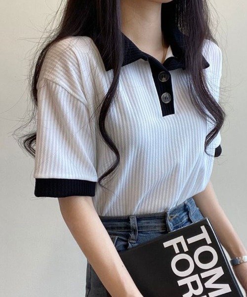 NANAHACHI（ナナハチ）の「ポロ配色リブトップス（Tシャツ/カットソー・レディース・ベージュ/ブラック/スカイブルー/アイボリー・FREE）」の7枚目の写真