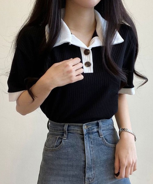 NANAHACHI（ナナハチ）の「ポロ配色リブトップス（Tシャツ/カットソー・レディース・ベージュ/ブラック/スカイブルー/アイボリー・FREE）」の8枚目の写真