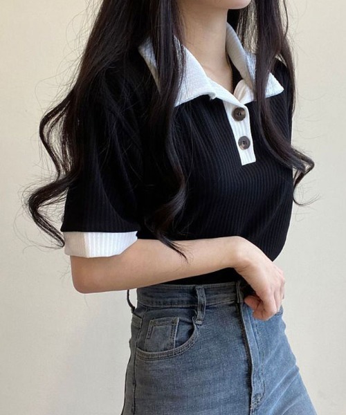 NANAHACHI（ナナハチ）の「ポロ配色リブトップス（Tシャツ/カットソー・レディース・ベージュ/ブラック/スカイブルー/アイボリー・FREE）」の9枚目の写真