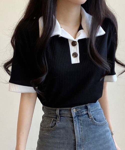 NANAHACHI（ナナハチ）の「ポロ配色リブトップス（Tシャツ/カットソー・レディース・ベージュ/ブラック/スカイブルー/アイボリー・FREE）」の10枚目の写真